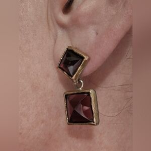 YAM Jewelers Israel Garnet 2-Tone 925 SS Square Cut Dangle Earrings 1"Drop